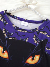 1pc Girls' Casual Style Halloween Black Cat & Bat Pattern Knit Soft Comfy Round Neck Ruffle Long Sleeve Dress For Fall Winter